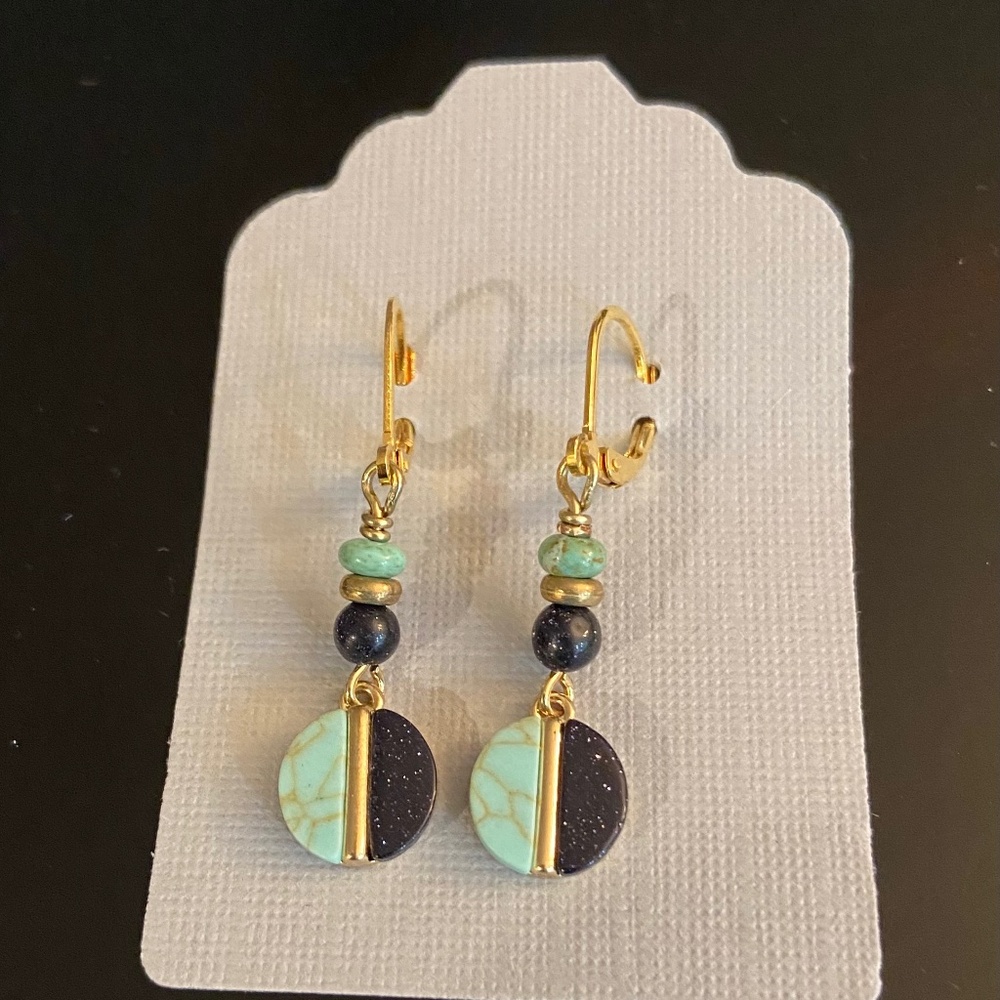 New Golden Lever Back Drop Earrings; Dark Blue and Aqua Beads; for Pierced Ears